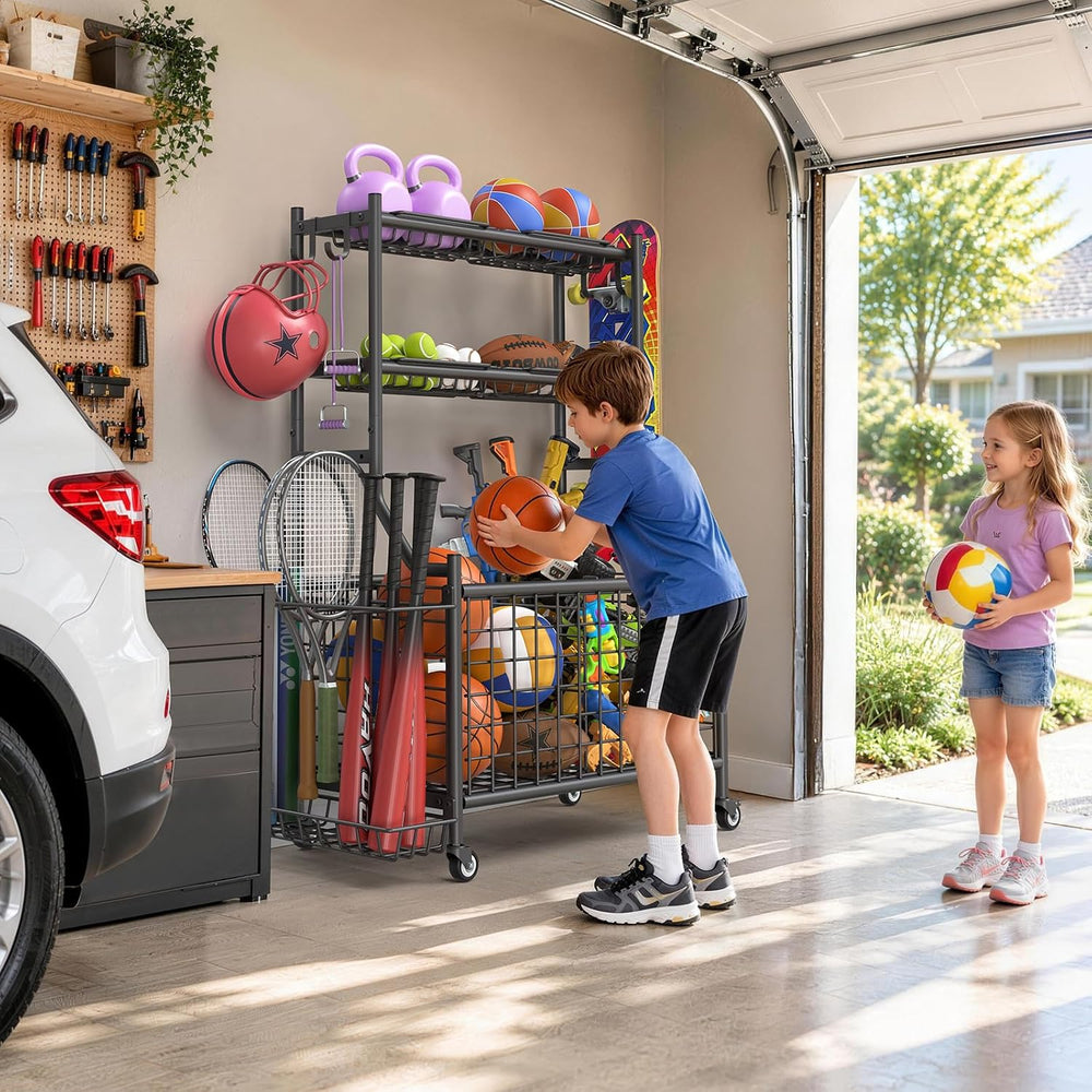 Garage Sports Equipment Organizer with Wheels, All-in-One Ball Storage