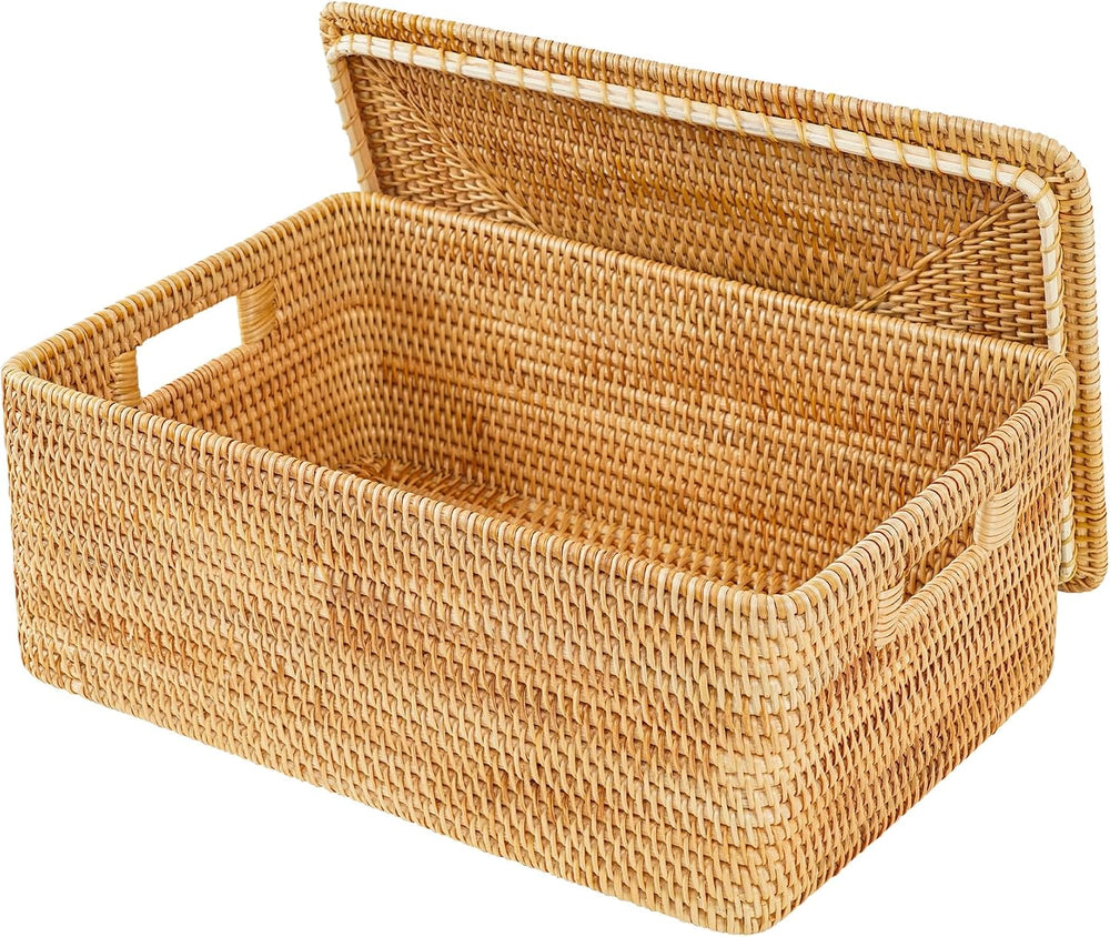 Rattan Storage Basket with Lid – 16.5×12.6×7 inch for Home