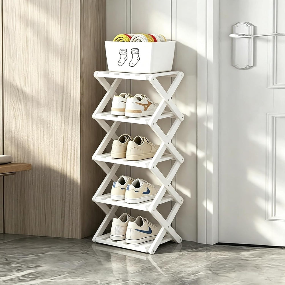 5 Tier Foldable Shoe Rack, Bamboo Vertical Shoe Organizer Tall for Multifunct...