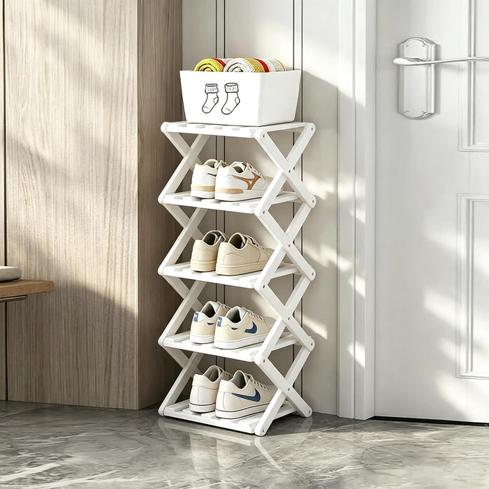 5 Tier Foldable Shoe Rack, Bamboo Vertical Shoe Organizer Tall for Multifunctional Narrow Shoe Shelf for Entryway, Closet, Corner, Bedroom, Hallway(White)