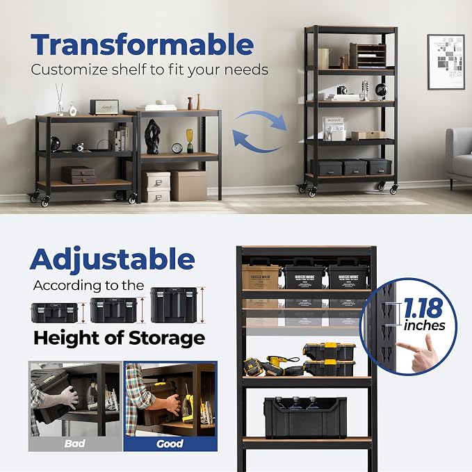 HOMEDANT House 5-Tier Metal Rolling Cart Shelf Rack Casters Heavy Duty
