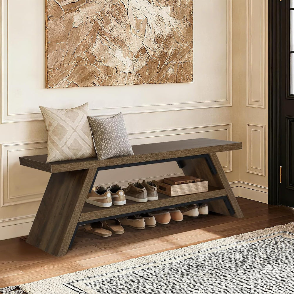 2-Tier Shoe Storage Bench, Solid Wood Entryway Stool Storage