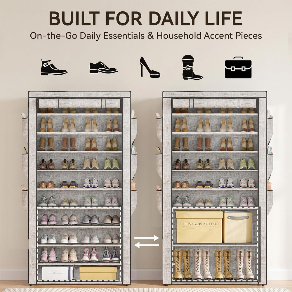 Shoe Rack Dustproof Sturdy 10Tier Tall Large Storage with Side Pocket