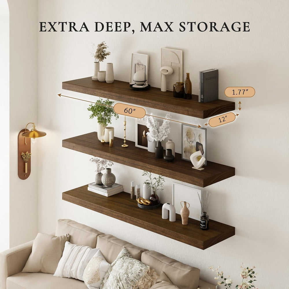 60" Extra Deep Floating Shelves, Set of 3, Walnut Wood