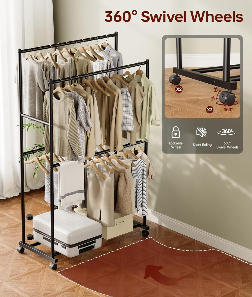 Clothes Rack - 36.2" x 21.3" x 72", 4-Bar Double Rod Rolling M...