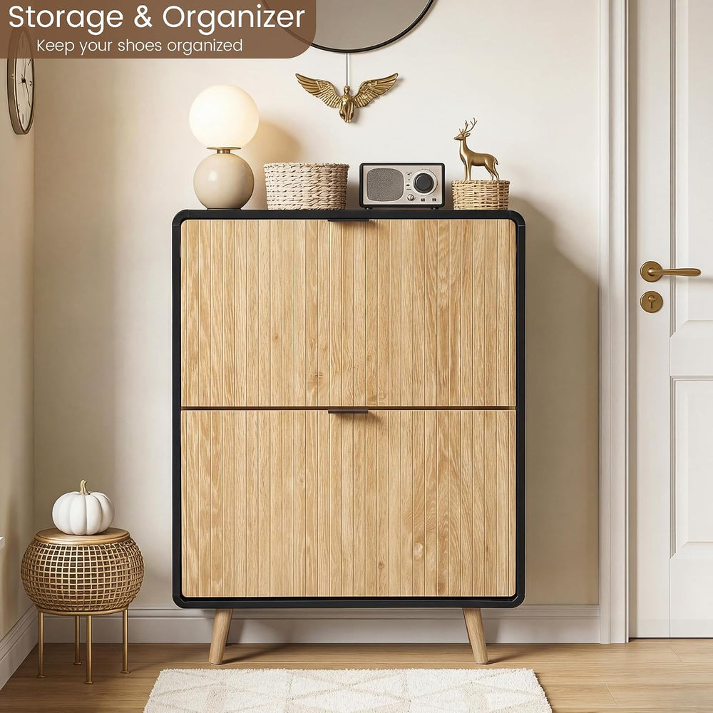 FurSch Fluted Shoe Storage Cabinet with 2 Flip Drawers, Narrow Shoe Rack Cabi...