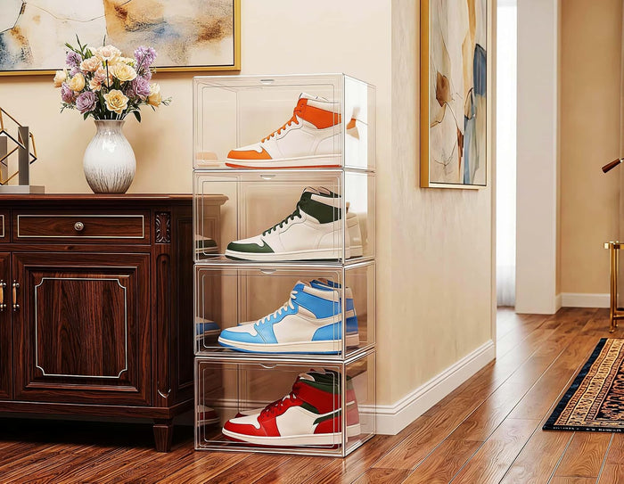 4 Pack Thickened Shoe Boxes Clear Plastic Stackable, Substantial Sneaker Storage Organizers with Lids, Collapsible, Large Magnetic Door, Heavy Duty, Fit Up to US Size 14