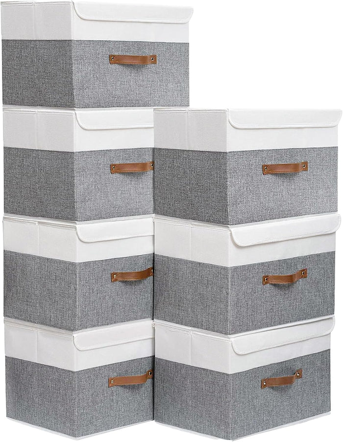 Yawinhe Fabric Storage Boxes with Lids,White/Grey,15.0x9.8x9.8in,7-Pack