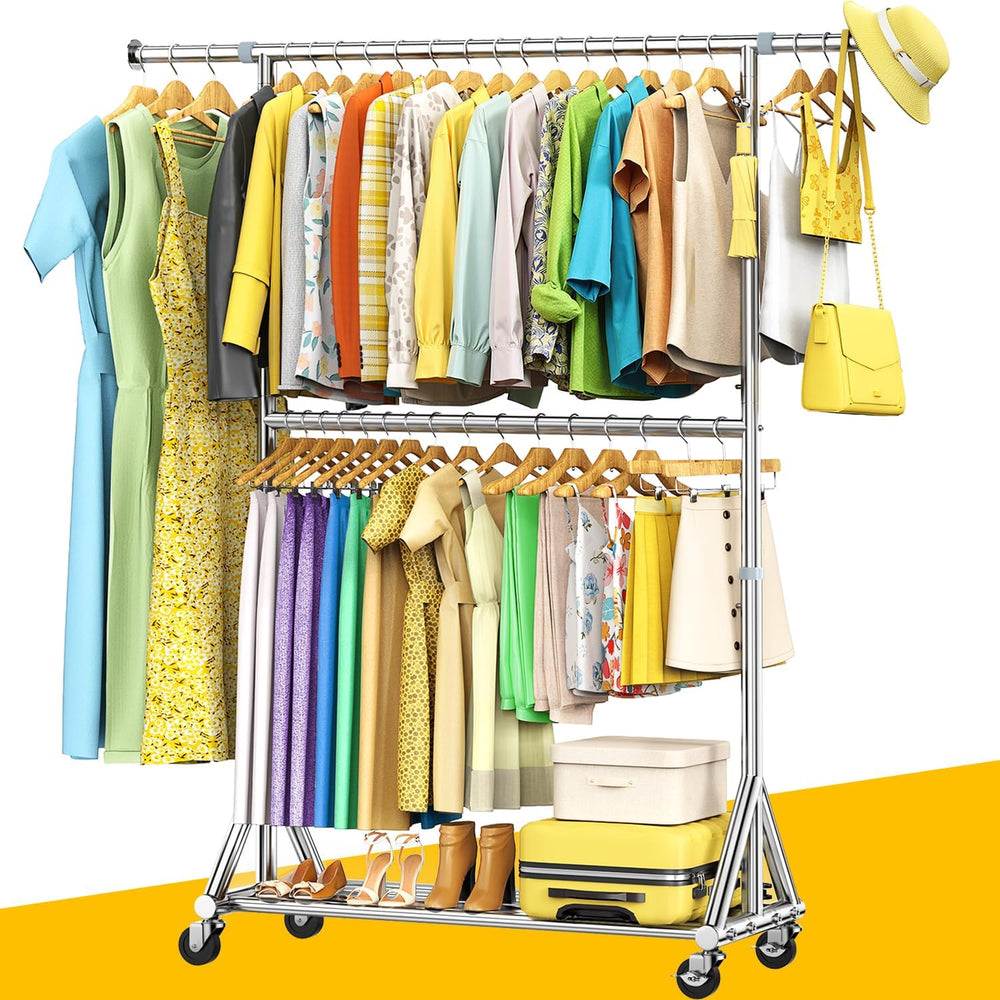 100% Stainless Steel Heavy Duty Clothes Rack Load 860 LBS, Two Tier Rolling G...