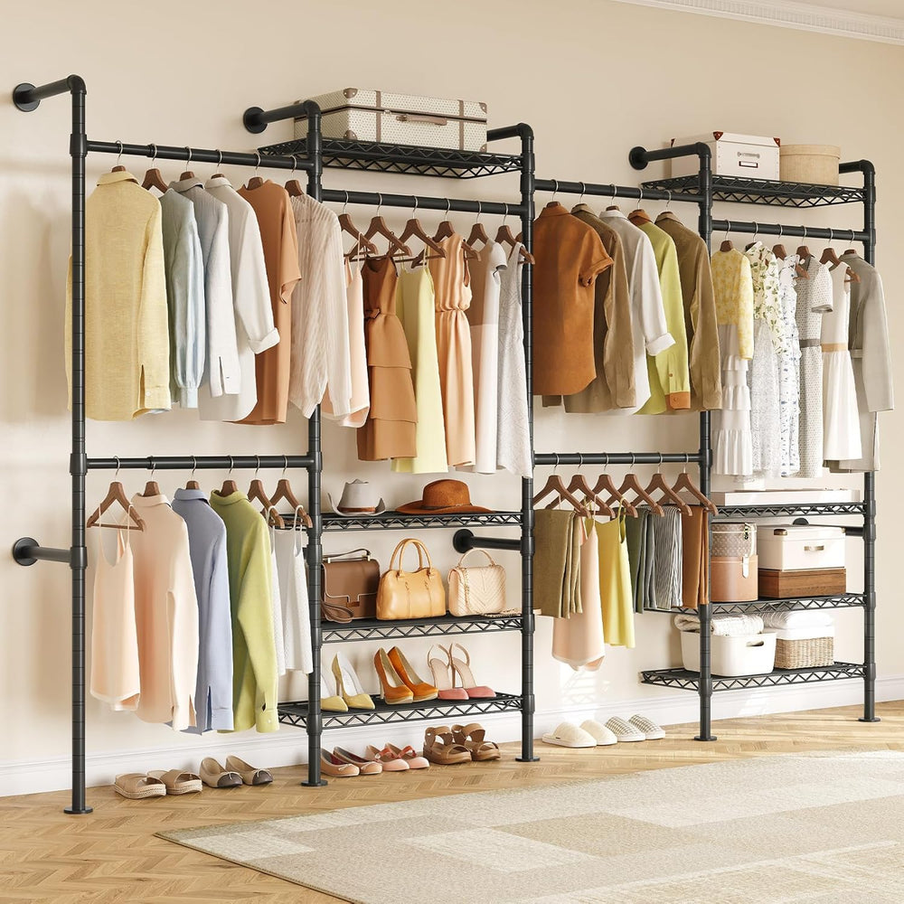 H4 Wall Mounted Closet System, Expandable Industrial Pipe Clothing Rack