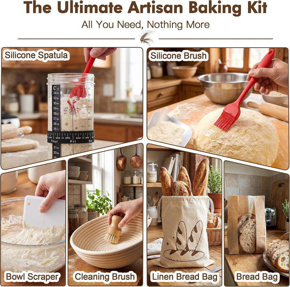 Sourdough Starter Kit with Rattan Banneton Baskets, Jars, Baking Tools