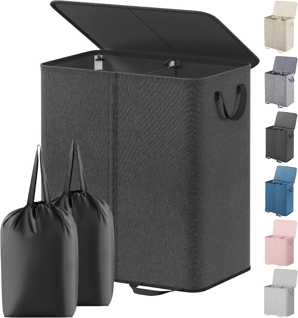 Lifewit Double Laundry Hamper with Lid, Removable Laundry Bags, Black