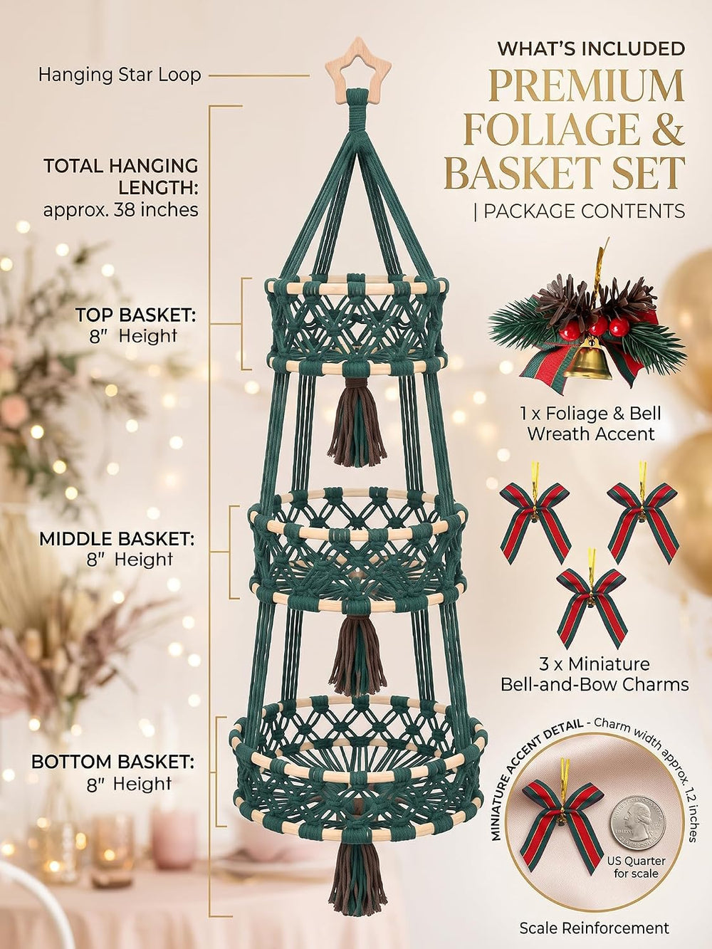 Christmas Hanging Fruit Basket, 3 Tier Macrame Storage Dark Green