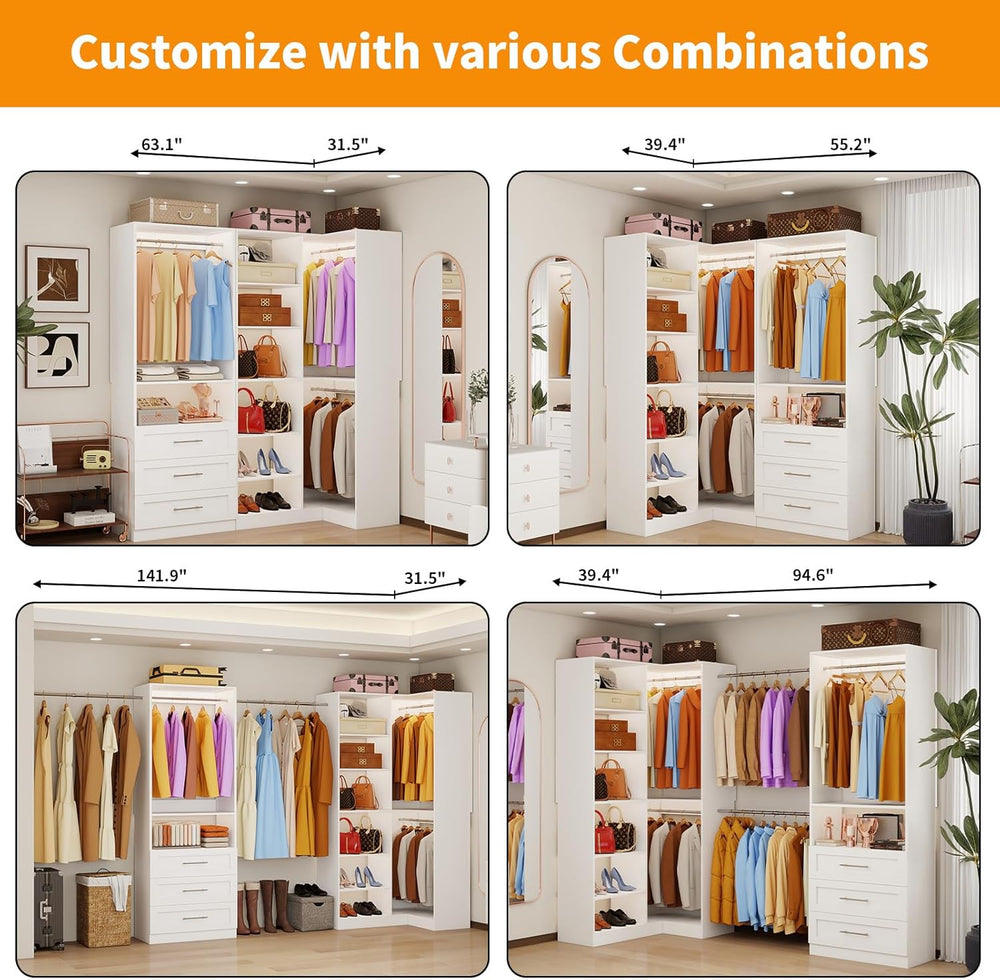 Closet System with 3 Drawers, Corner Closet Organizer Systems with 7 Shelves ...