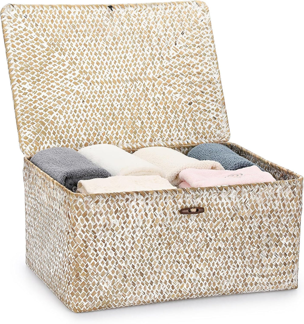 Hipiwe Wicker Woven Baskets Bin with Lid Seagrass Storage Basket, X-Large