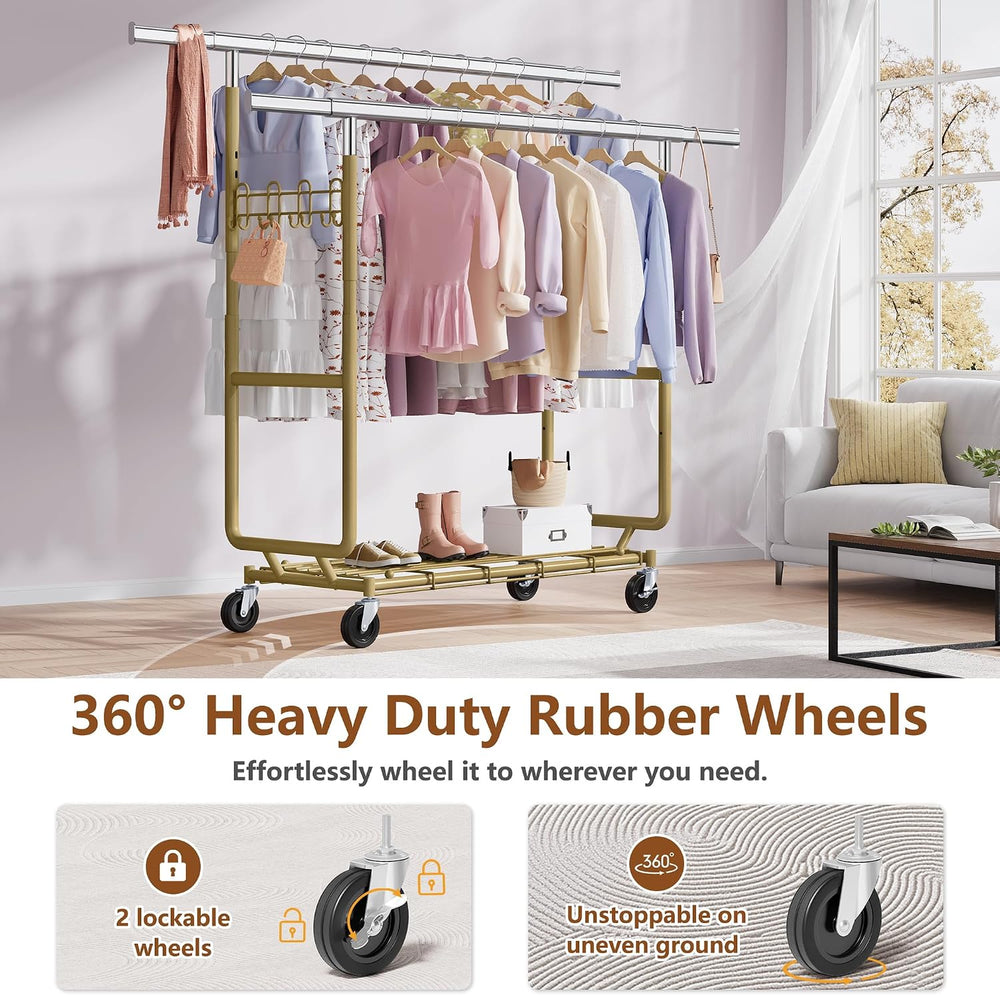 Hoctieon 2-Minute Assembly Double Rod Clothes Rack, Heavy Duty Rolling Clothi...