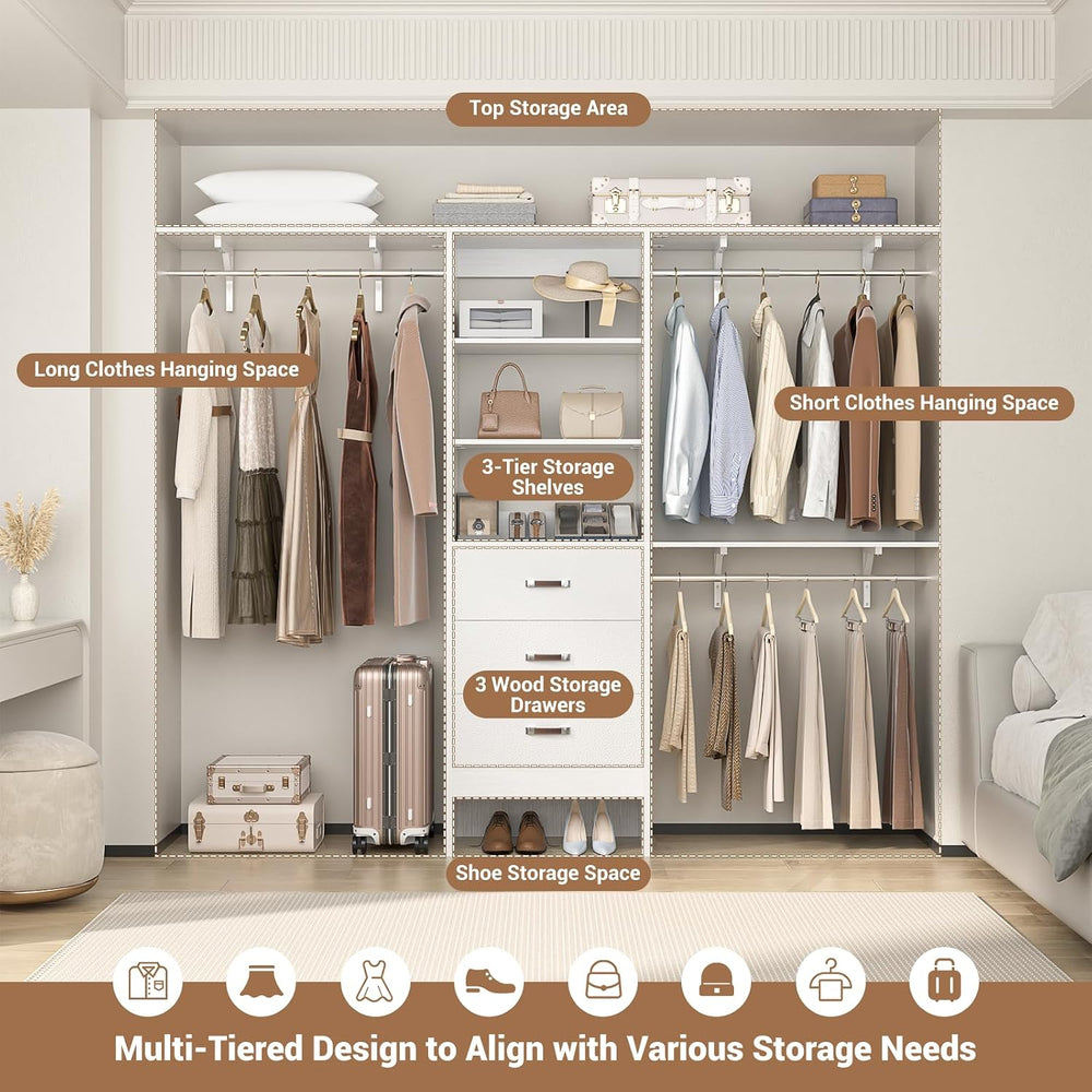 Besiost Closet System with Drawer - 8FT Wood Closet Organizer System with 3 H...