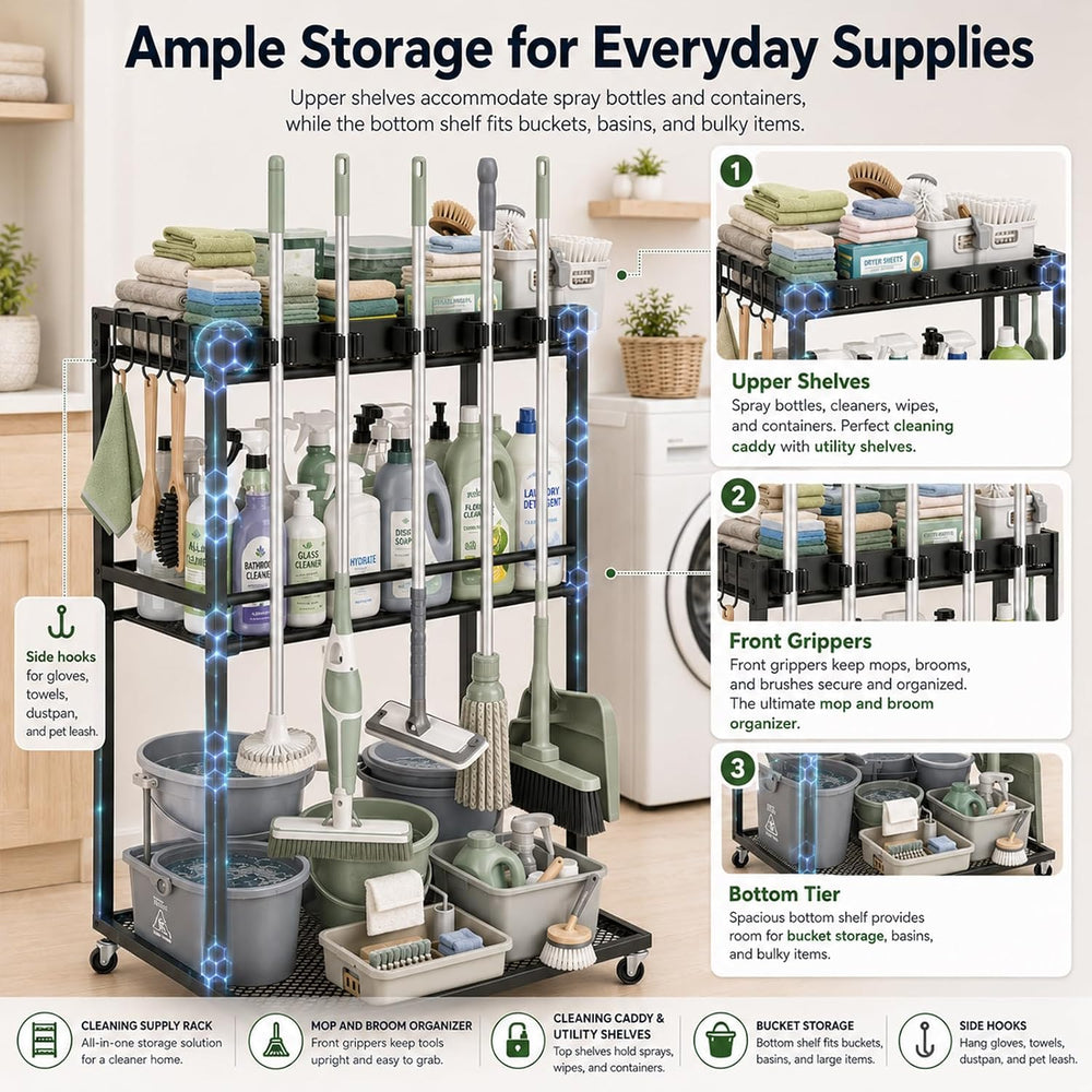 Cleaning Supplies Organizer Cart with Wheels, Broom and Mop Holder with 5 Gri...