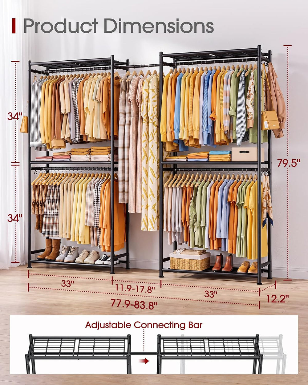 Portable Closet Clothes Rack, 77.9-83.8 x 12.2 x 79.5 in, Black