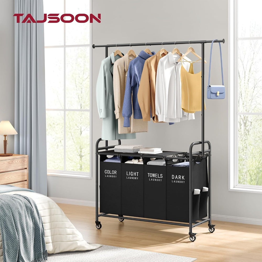 Tajsoon Laundry Sorter with Hanging Bar, Laundry Hamper with Lid, Black