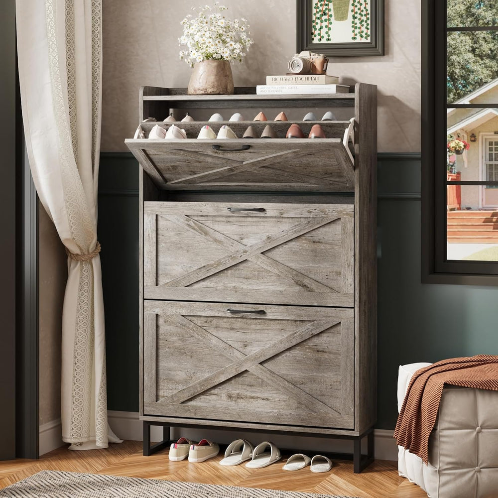 Maupvit Shoe Storage Cabinet with 3 Flip Drawers, Freestanding Organizer with...