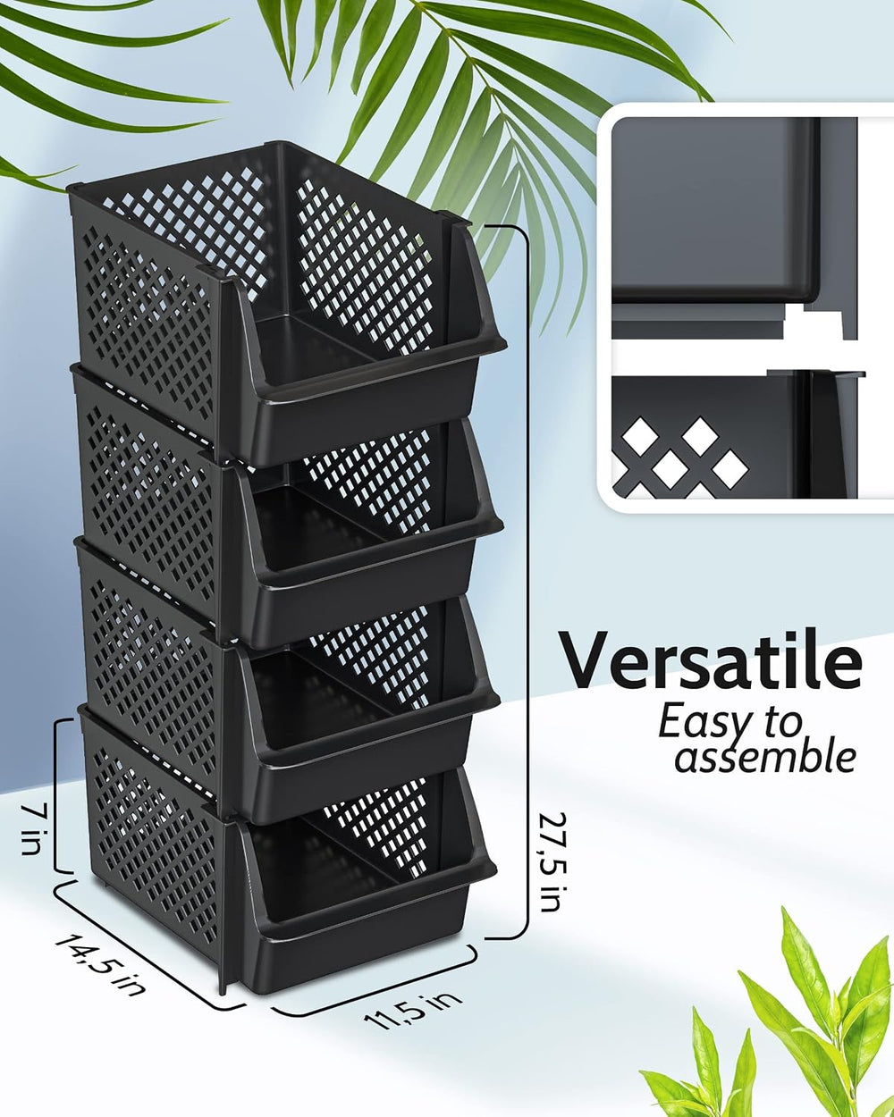 Skywin Stackable Storage Bins Open Front for Pantry Storage, 4 Pack - Black