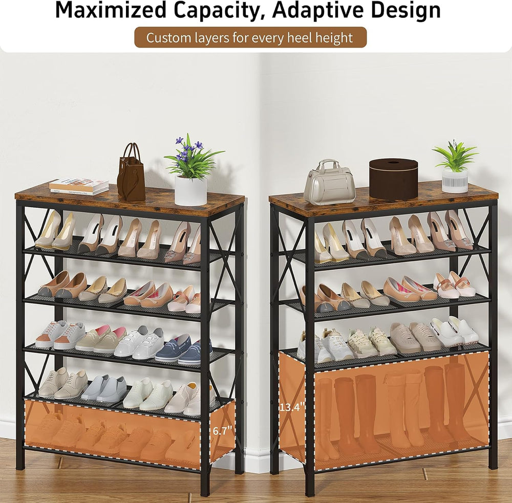 6 Tier Shoe Rack, Metal Shoe Stand with Wooden Top, Sturdy Shoe Shelf for Ent...