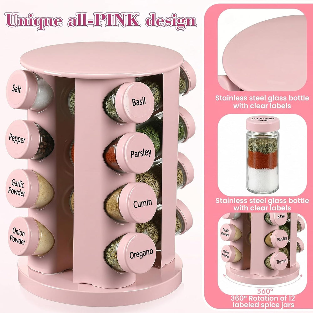 Yungyan Pink Rotating Spice Rack with 16 Empty Jars and Labels