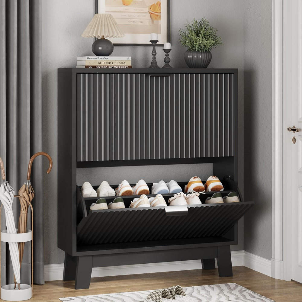 Xixini Shoe Cabinet with 2 Flip Drawers, 37" Tall Narrow Fluted Shoe Sto...