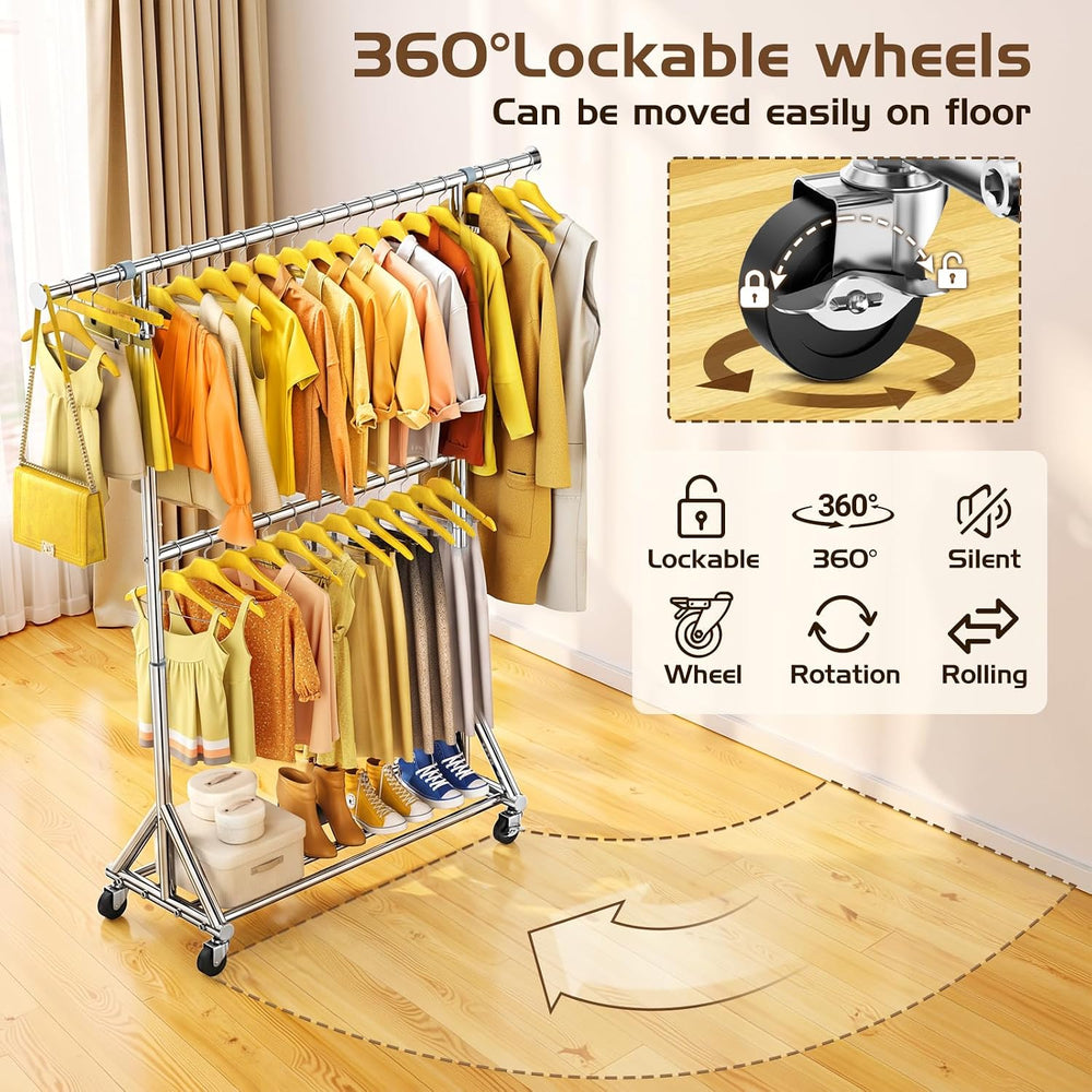 Heavy Duty Rolling Clothes Rack with Double Rods for Hanging Clothes, Adjusta...