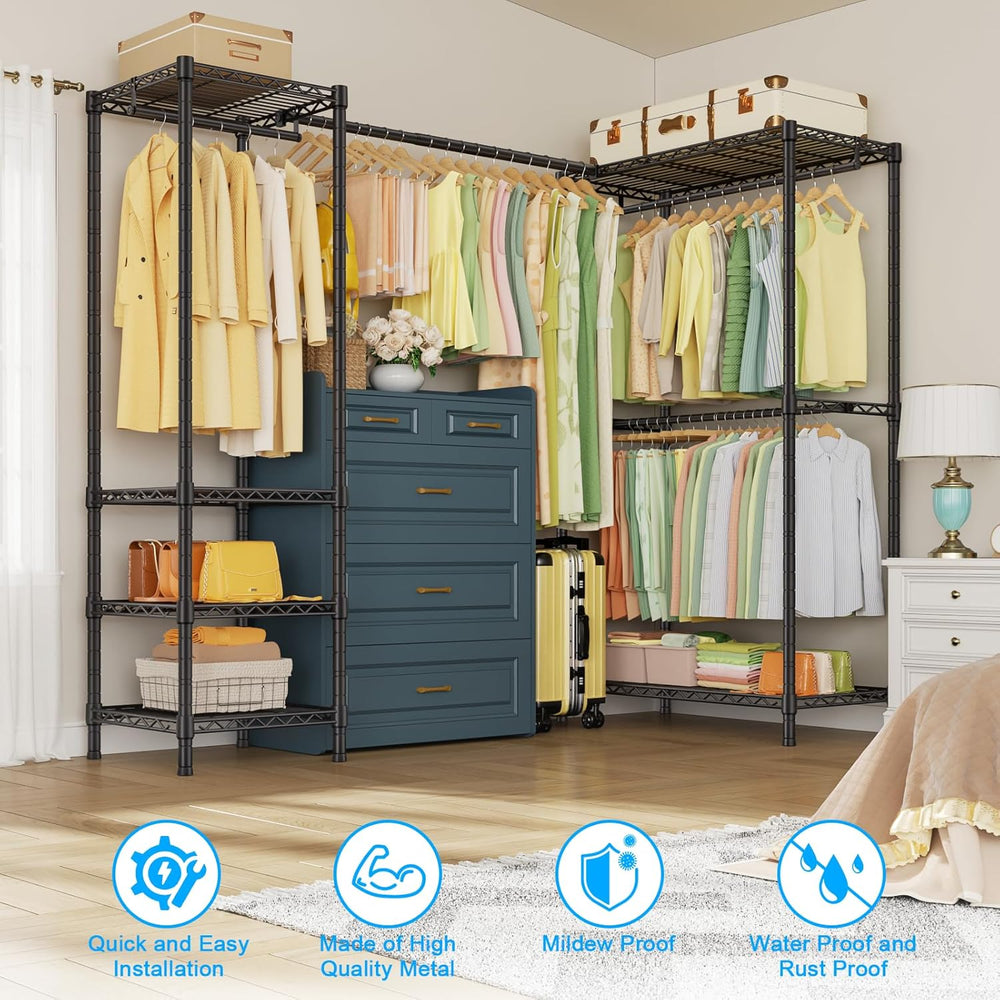 ULIFHOME E10L L-Shaped Clothes Rack for Corner（With Expandable Hanger Rod）Hea...