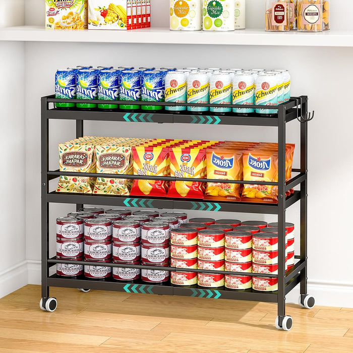 3-Tier Expandable Rolling Pantry Organizers and Storage Cart with Wheels, Adjustable Pantry Floor Organizer, Snack Cart for Pantry, Kitchen Storage Cart with 4 Hooks for Snack, Food, Vegetables, Black