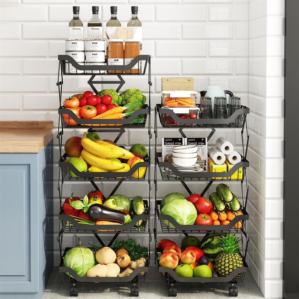 4-Tier Rolling Pantry Floor Organizer with Wheels, Foldable Fruit Vegetable S...