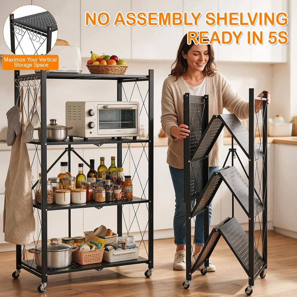4 Tier Foldable Storage Shelves with Wheels No Assembly