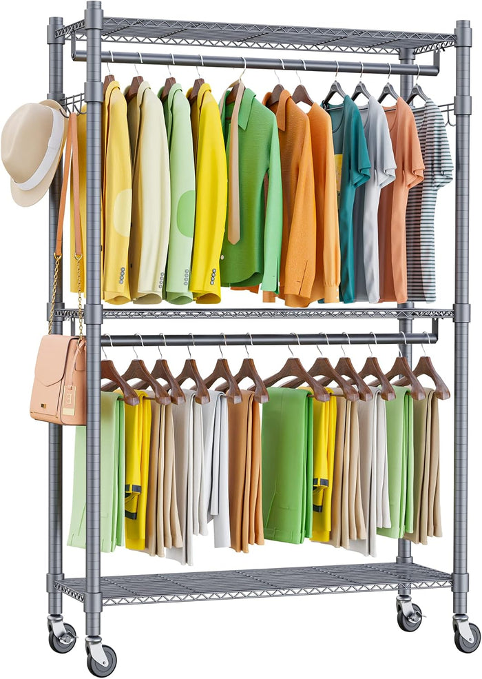 Homdox Garment Rolling Rack Clothing Rack with Double Clothes Rods and Lockable Wheels+1 Pair Side Hooks,Gray