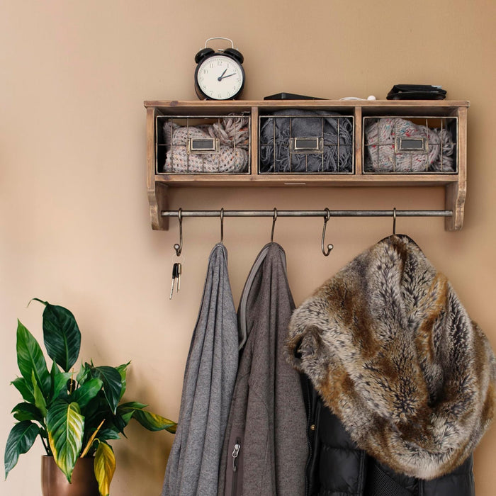 BizChair Wall Mounted Storage Rack - Rustic Brown Solid Pine Wood - 24 Inch - Upper Shelf - 5 Hooks - Wire Baskets - For Entryway, Kitchen, Bathroom