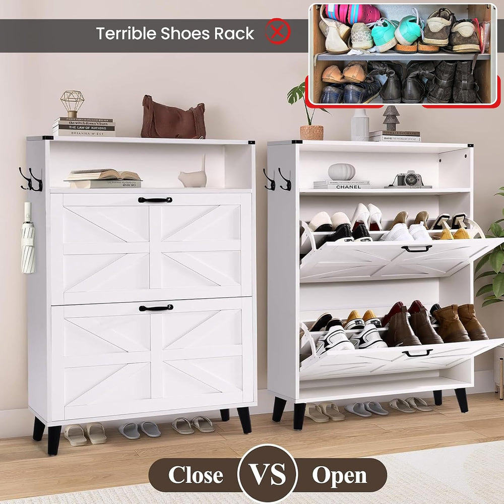 Shoe Storage Cabinet with 2 Flip Drawers, Farmhouse Shoe Cabinet with Open St...