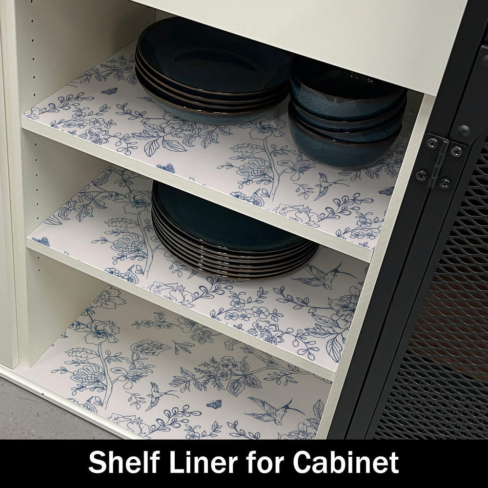 White and Bluer Bird Floral Drawer Liner, 24IN x 10FT