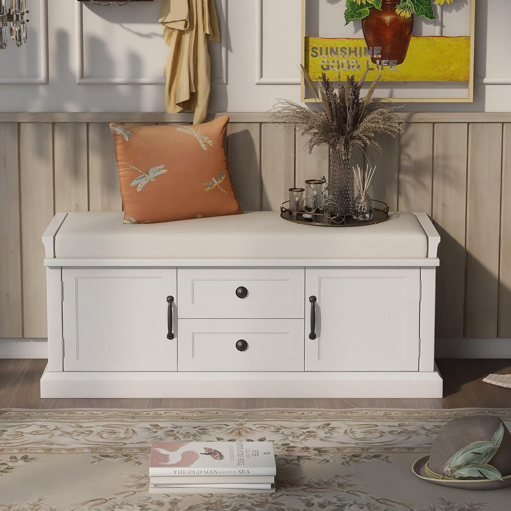 GDFStudio Rustic Storage Bench with 4 Doors 2 Draws Adjustable Shelves Remova...