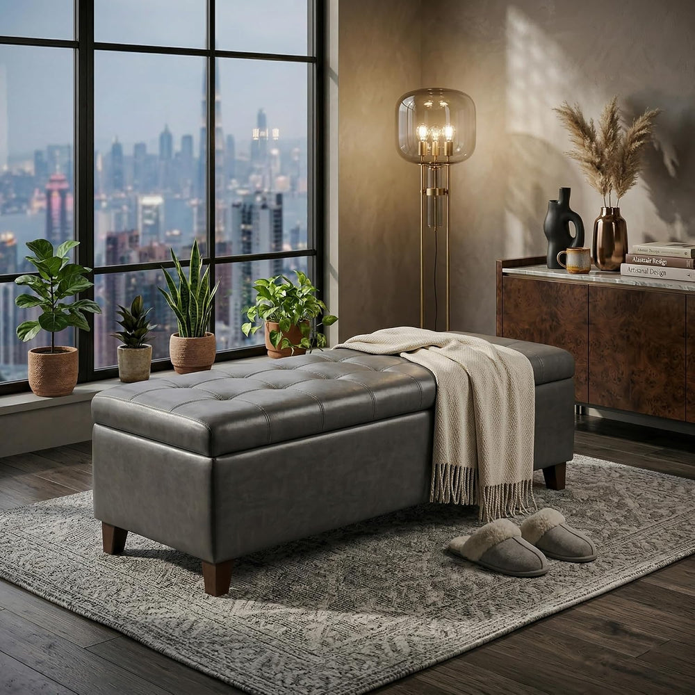 Ottoman with Storage 51" Faux Leather Storage Ottoman Bench