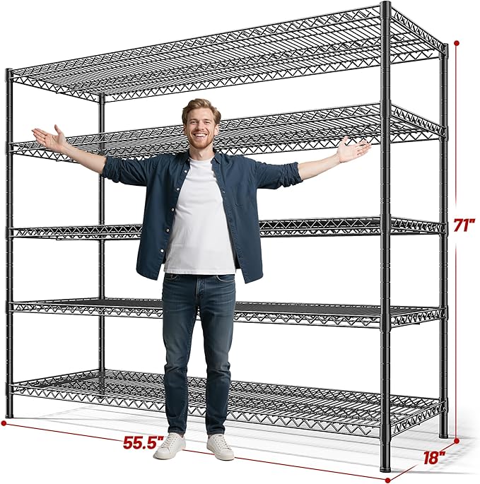 REIBII 55.5" W Storage Shelves 3200LBS Wire Shelving Unit 5 Tier Metal S...