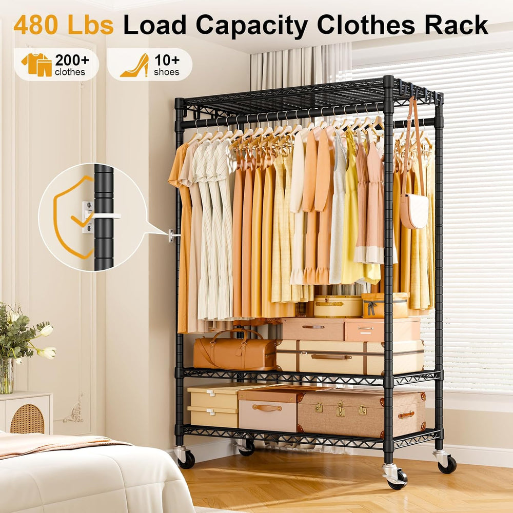 ULIFHOME Clothes Rack, Rolling Clothing Racks for Hanging Clothes, Black