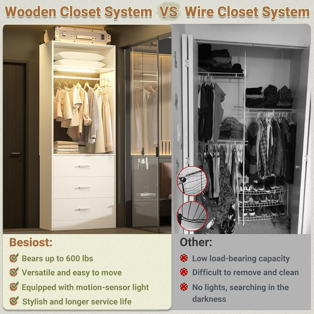 Besiost Freestanding Closet Systems with 4 Motion Sensor LED Lights, 4 Set