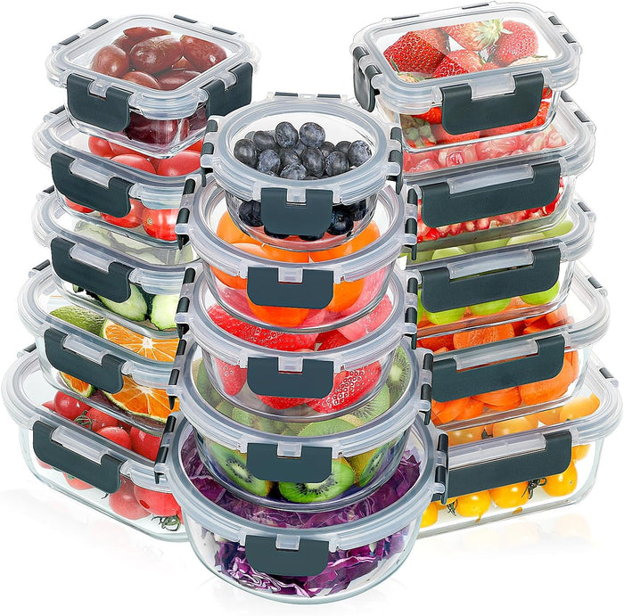 VERONES 30 Pieces Glass Food Storage Containers Set with Lids, Grey