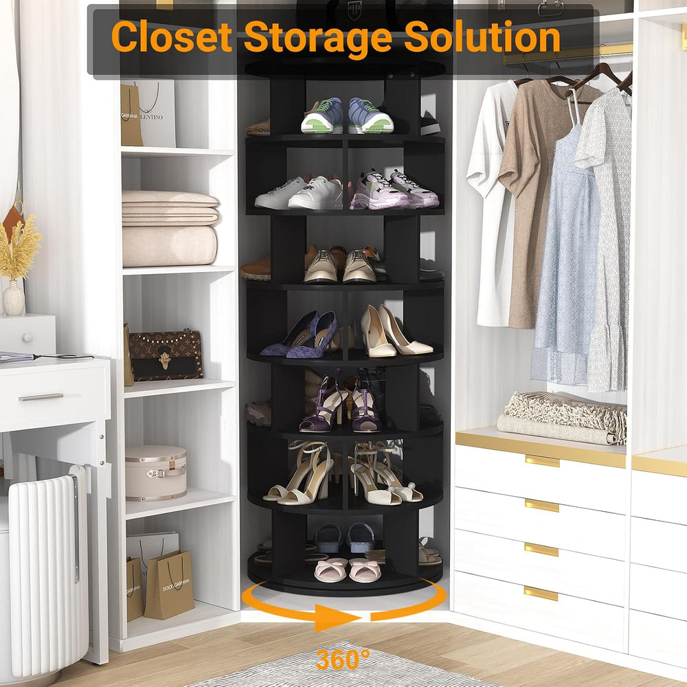 Aheaplus Rotating Shoe Rack Tower, 7-Tier Spinning Shoe Rack 360 Revolving Sh...