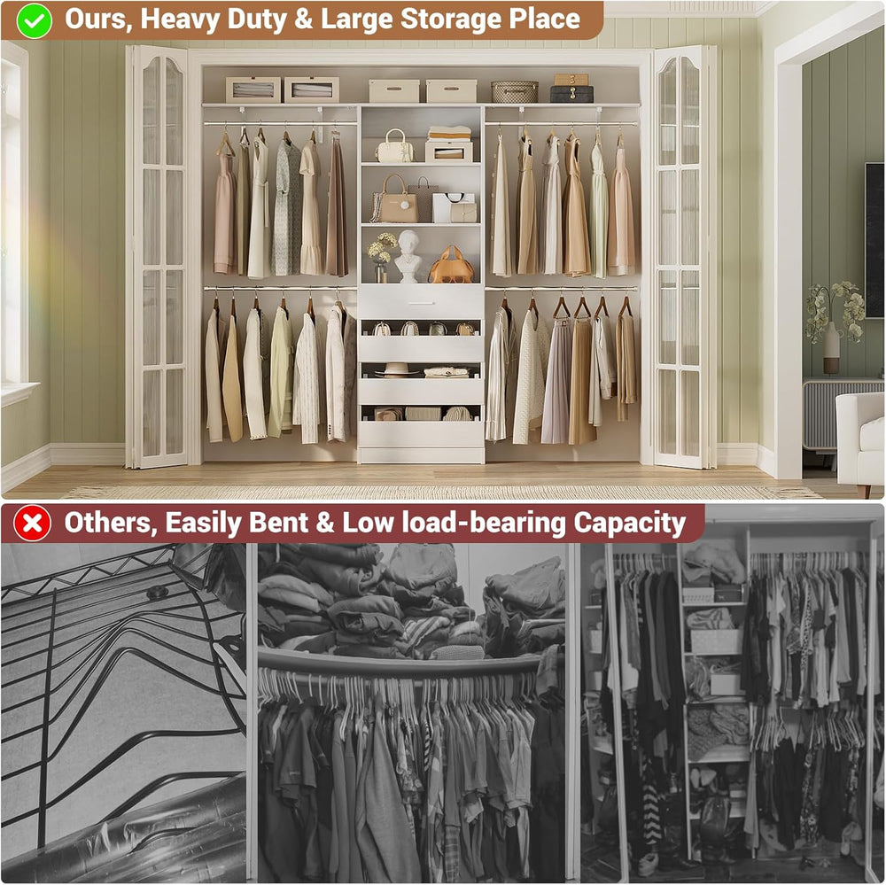 Aheaplus Closet System, Wood Closet Organizer System with Drawers, White