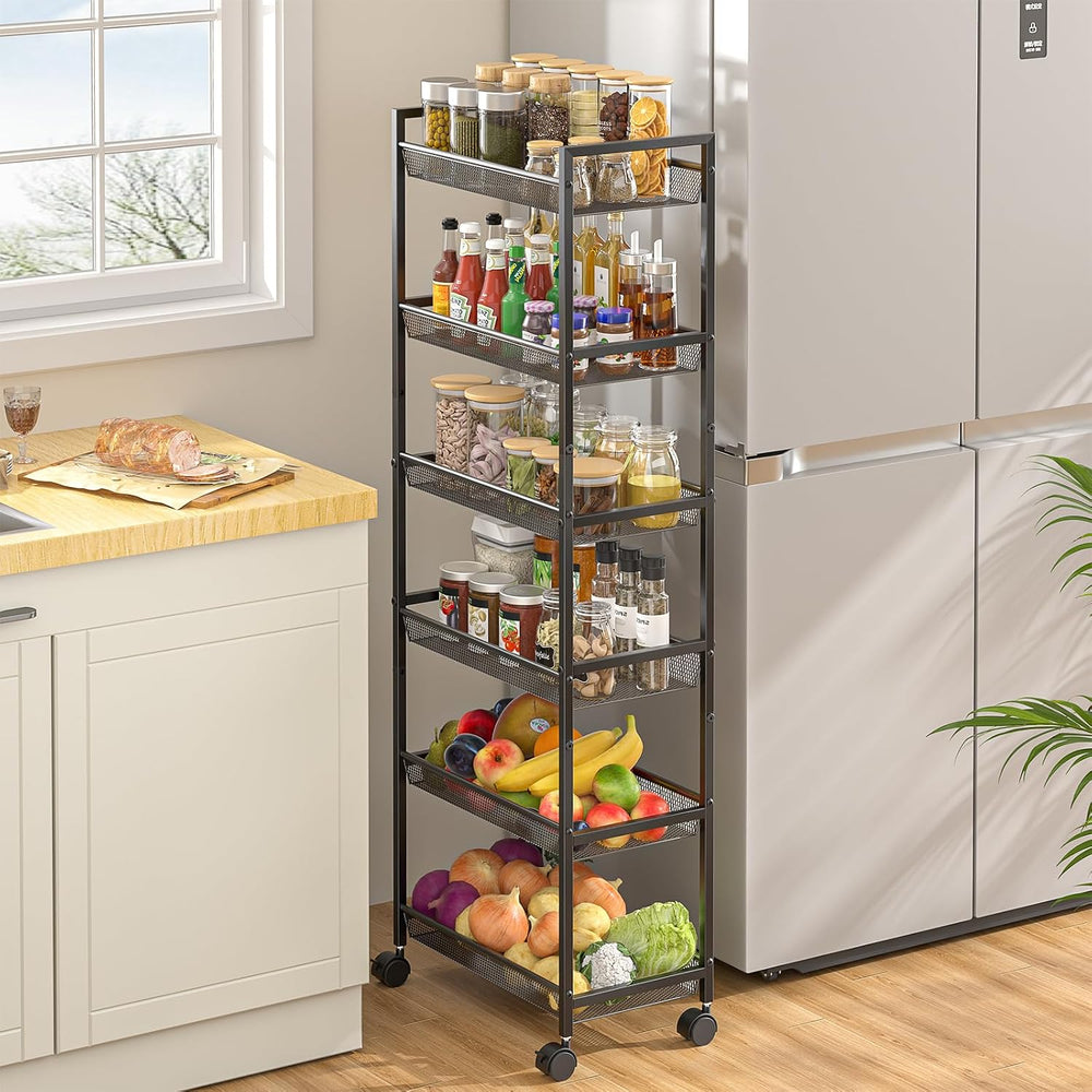 6 Tier Slim Rolling Storage Cart, Narrow Mobile Shelving Unit Organizer Utili...