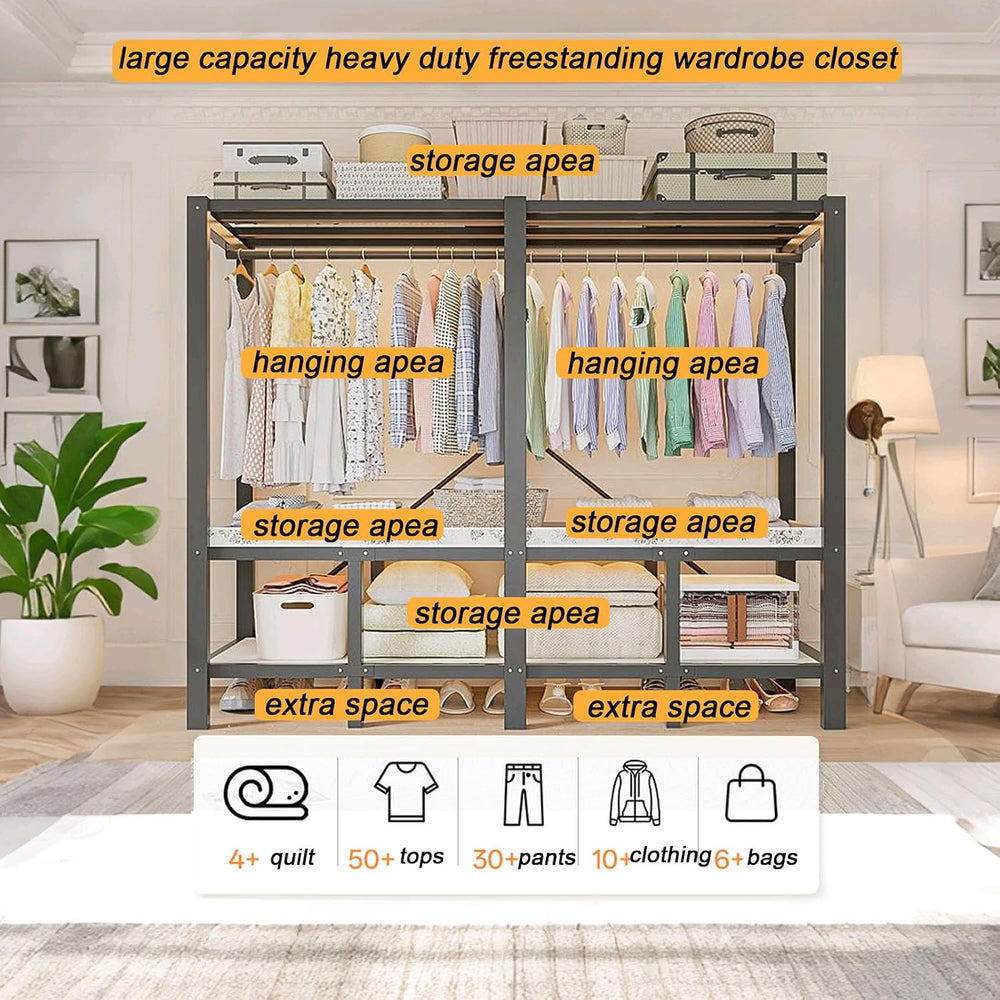 59.1in Gray Heavy Duty Covered Clothes Rack with Magnetic Door 1500lbs