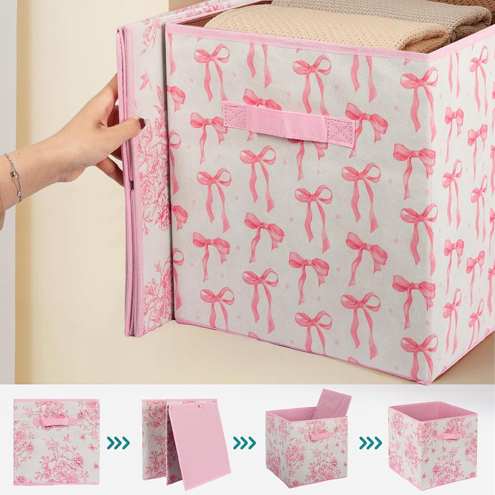 6 Pcs Pink Bow Cube Storage Bins 12.5 Inch Pink Storage Basket with Handle, P...