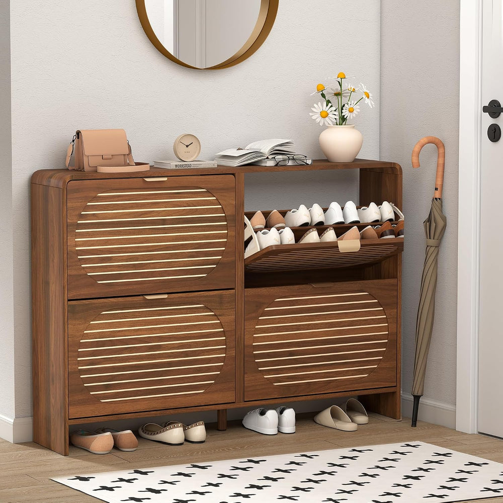 47" Large Shoe Storage Cabinet with 4 Flip Drawer Arched Fluted Pattern,...